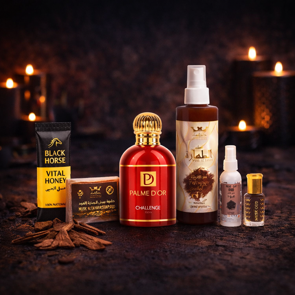 Midnight Serenity heren cadeauset met oud parfum, musk olie, bodyspray, zeep en Black Honey