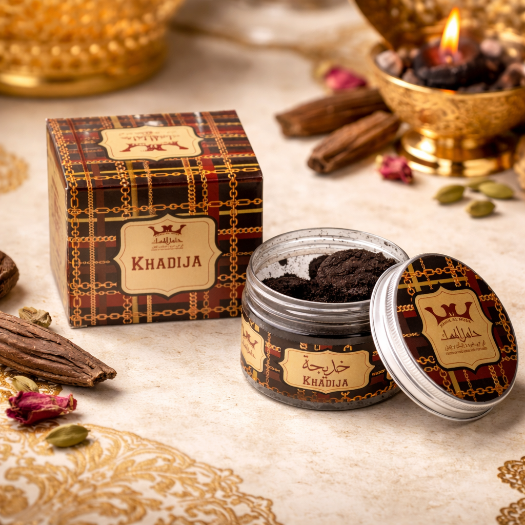 Bakhoor Khadija mit einem reichhaltigen Duft nach Oud und Moschus in luxuriöser Verpackung