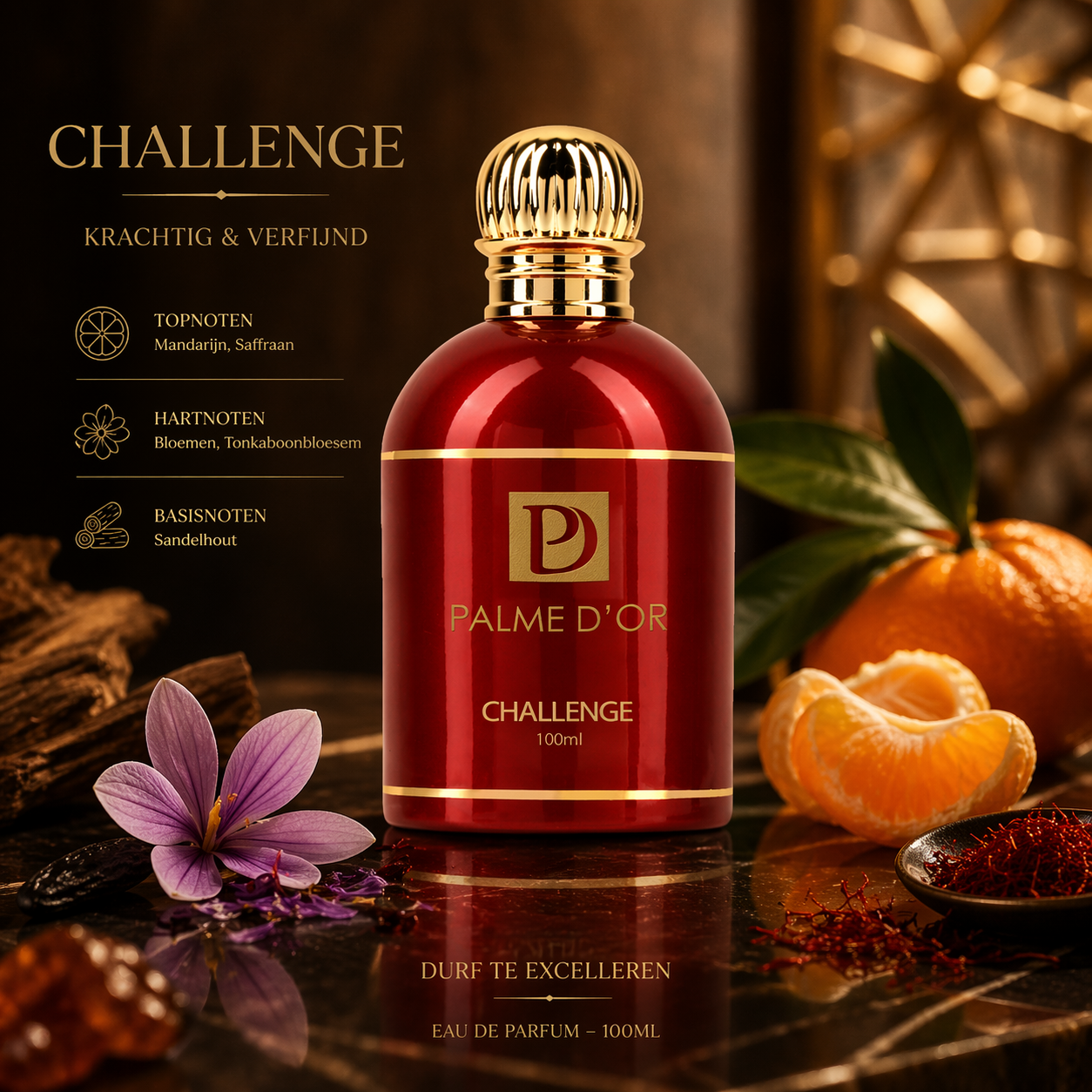 Palme D’Or Challenge eau de parfum in stijlvolle rode flacon met citrus, bloemen en houtachtige tonen