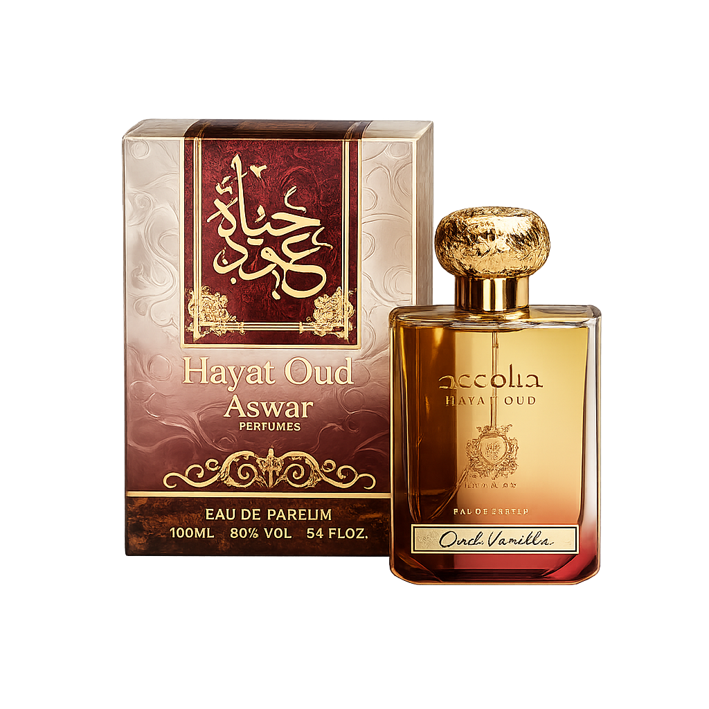 Hayat Oud Vanilla parfum met luxe flacon en doos op transparante achtergrond, warme geur van zachte oudh en romige vanille