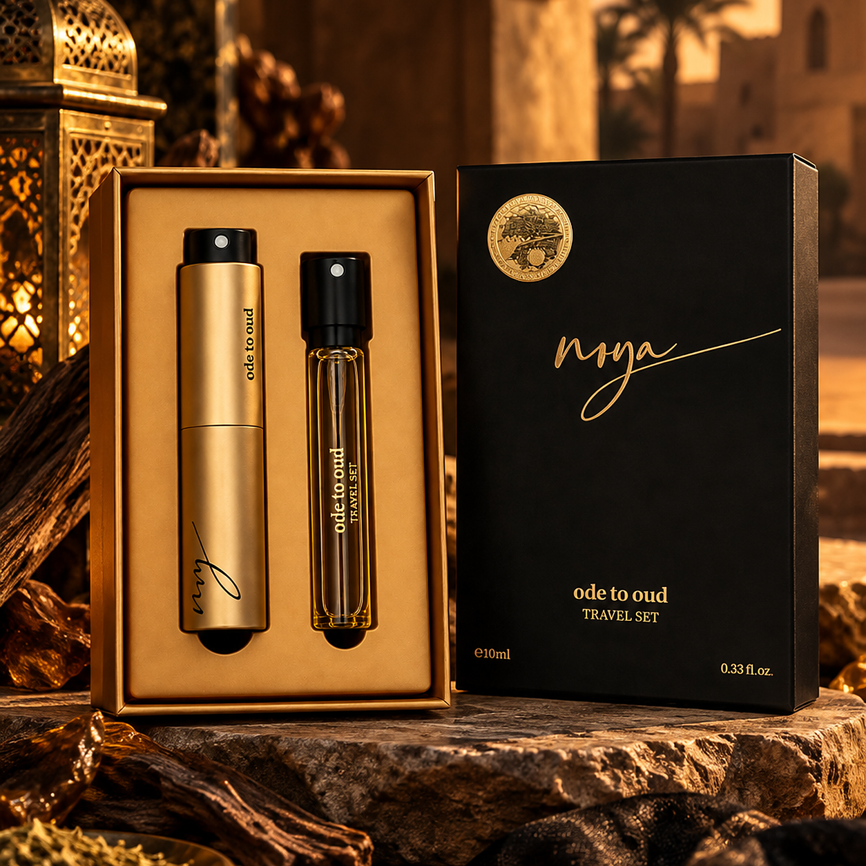 Noya Ode to Oud Travel Set op een stenen plateau tussen oudhout en een oosterse lantaarn, met een woestijnpaleis bij zonsondergang