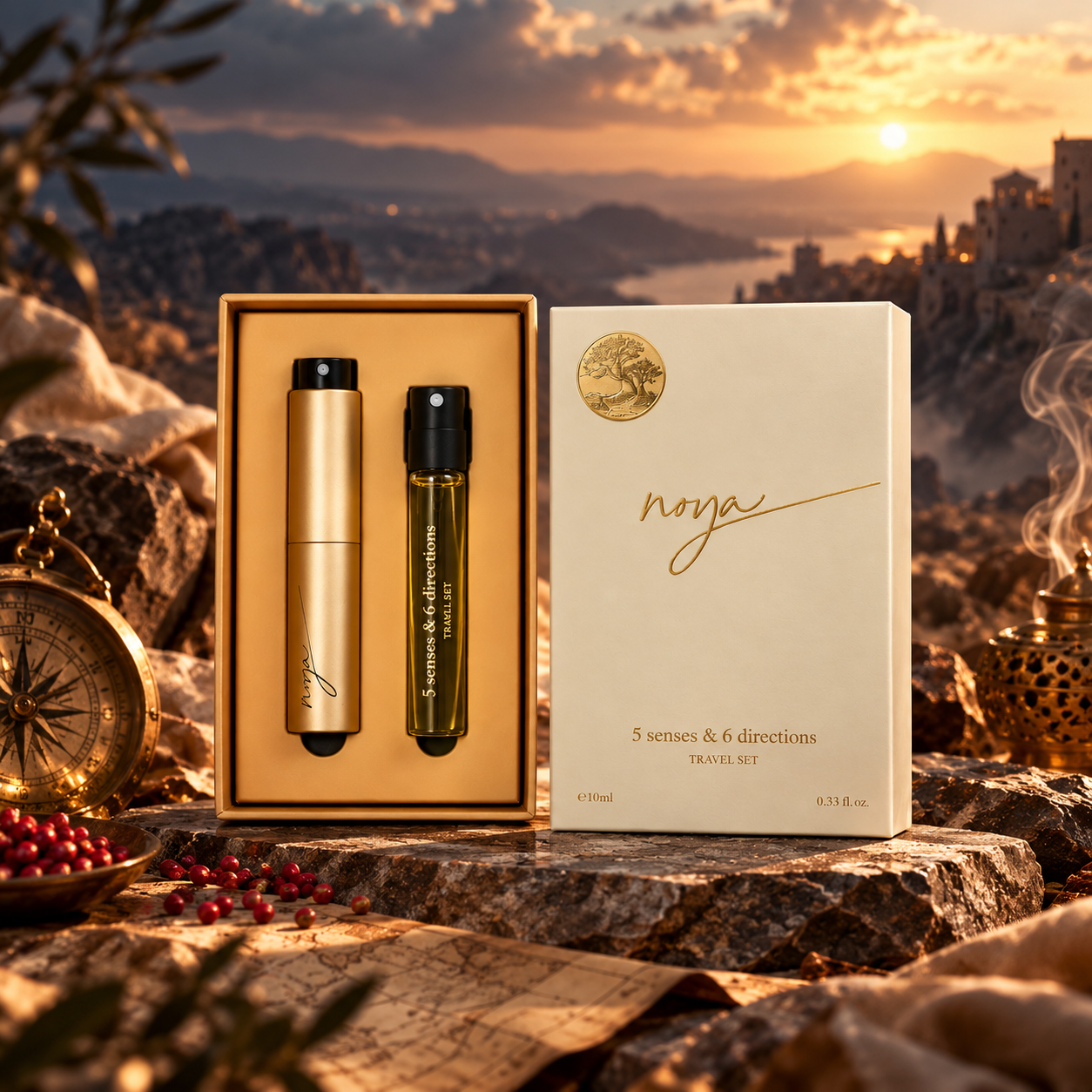 Noya 5 Senses & 6 Directions Travel Set op een rotsplateau met een kompas, oude landkaart en wierookbrander, boven een berglandschap bij zonsondergang