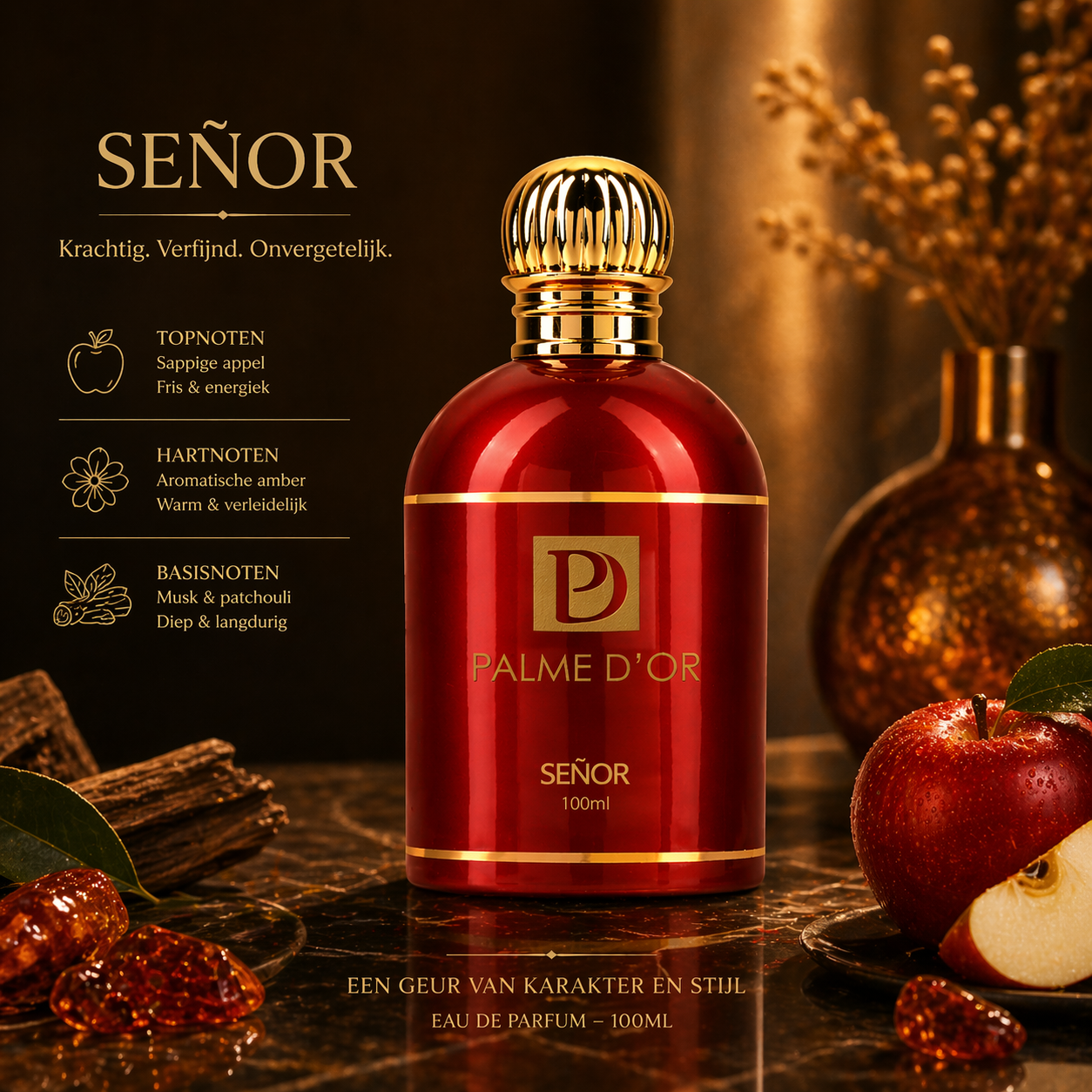 Luxe Señor parfum van Palme D’Or met warme en frisse geurnoten in stijlvolle rode flacon voor mannen en vrouwen