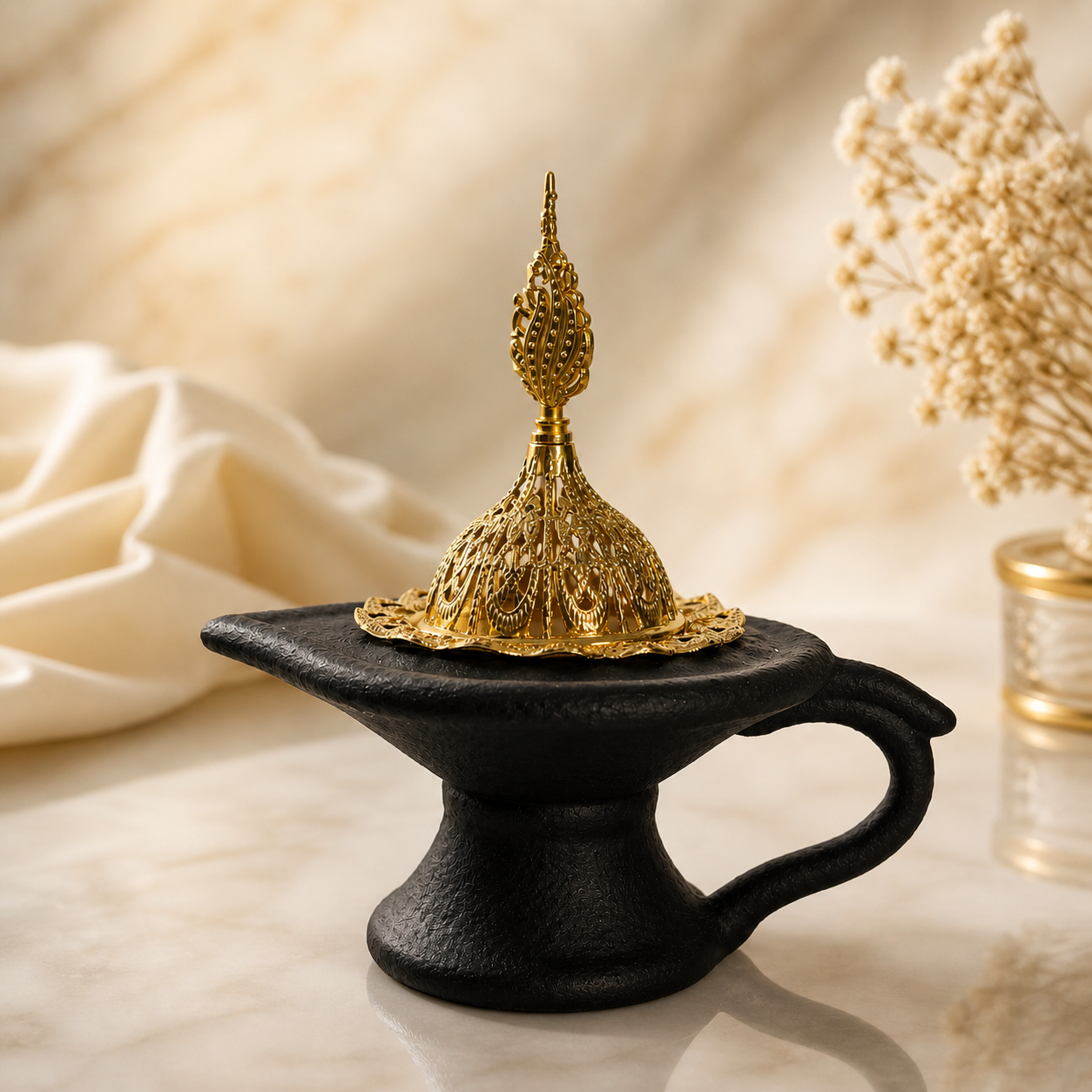 Luxe incense burner zwart goud met sierlijke details