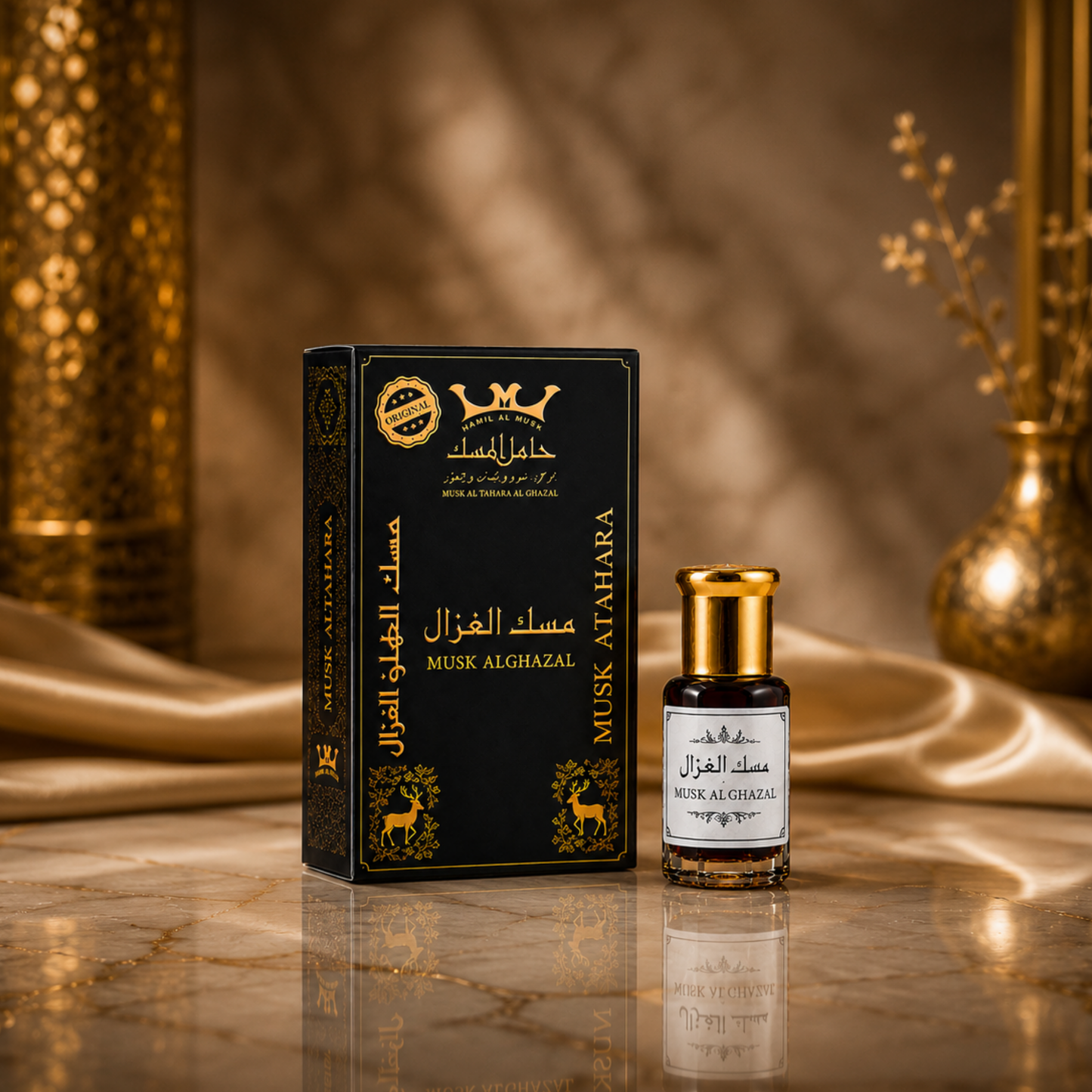 Musk Al Tahara Al Ghazal parfumolie op een luxe ondergrond met warme uitstraling