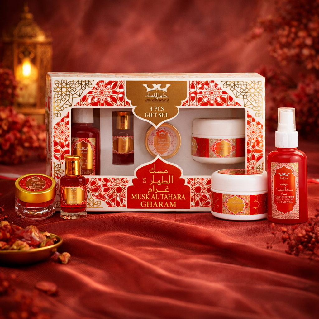 Musk Al Tahara Gharam cadeauset met parfum olie, body crème, talkpoeder en bodyspray in cadeauverpakking