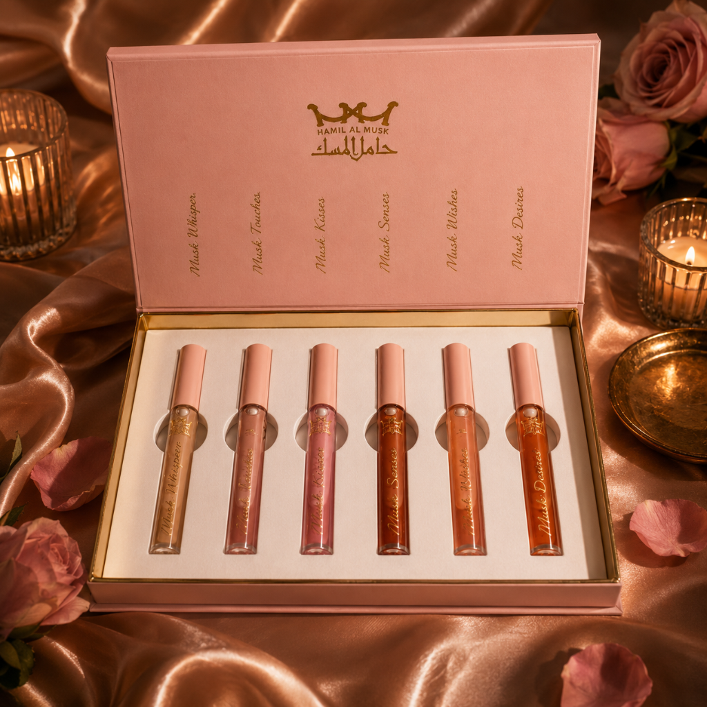 Geopende Musk Intimate Gloss Collection met zes luxe musk glosses