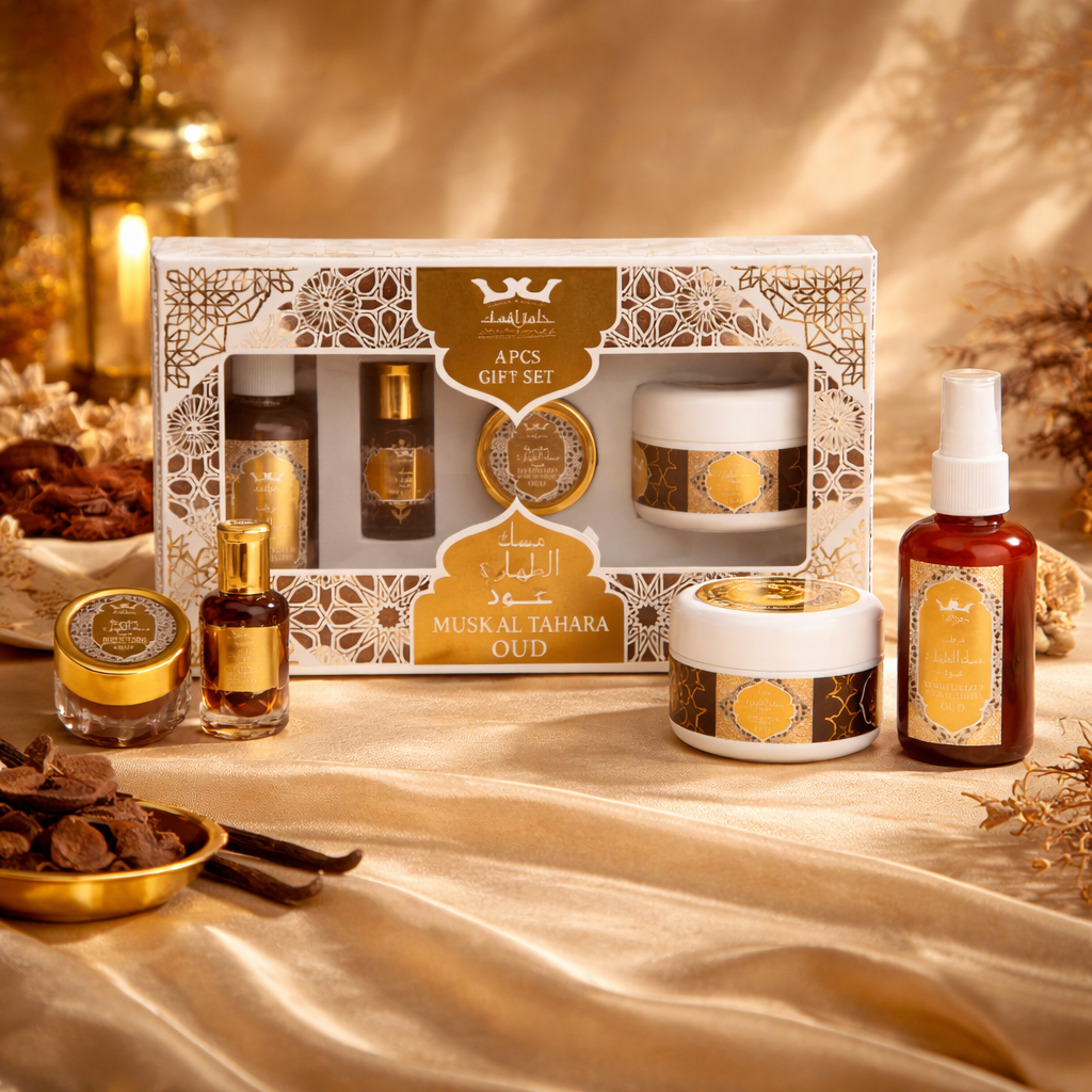 Luxe Musk Oud cadeauset met parfum olie, body crème, talkpoeder en bodyspray – warme en subtiel zoete oud geur