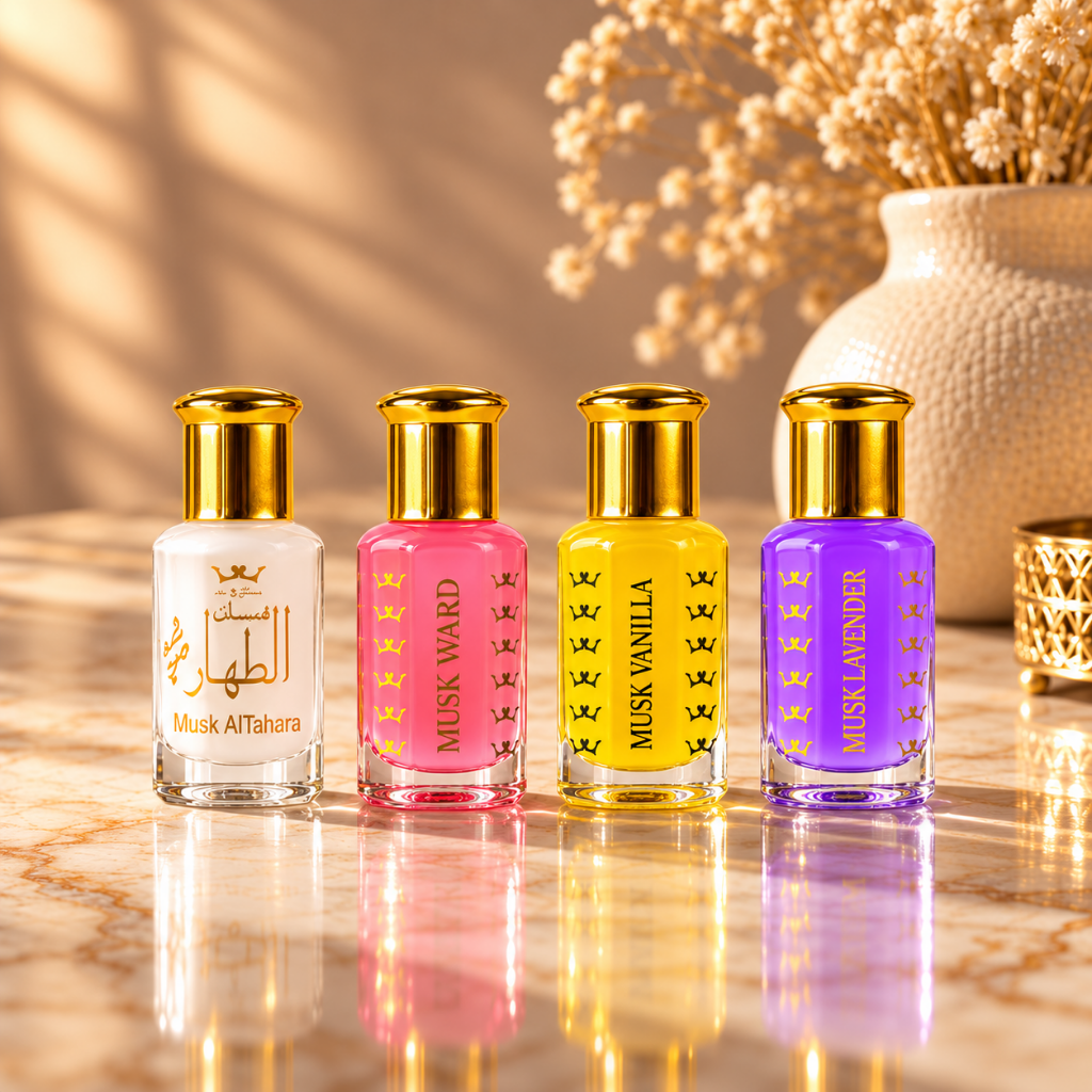 Musk Set van 4 flesjes Musk Al Tahara parfumolie 6 ml, zelf samengesteld – witte, roze, gele en paarse musk op marmer