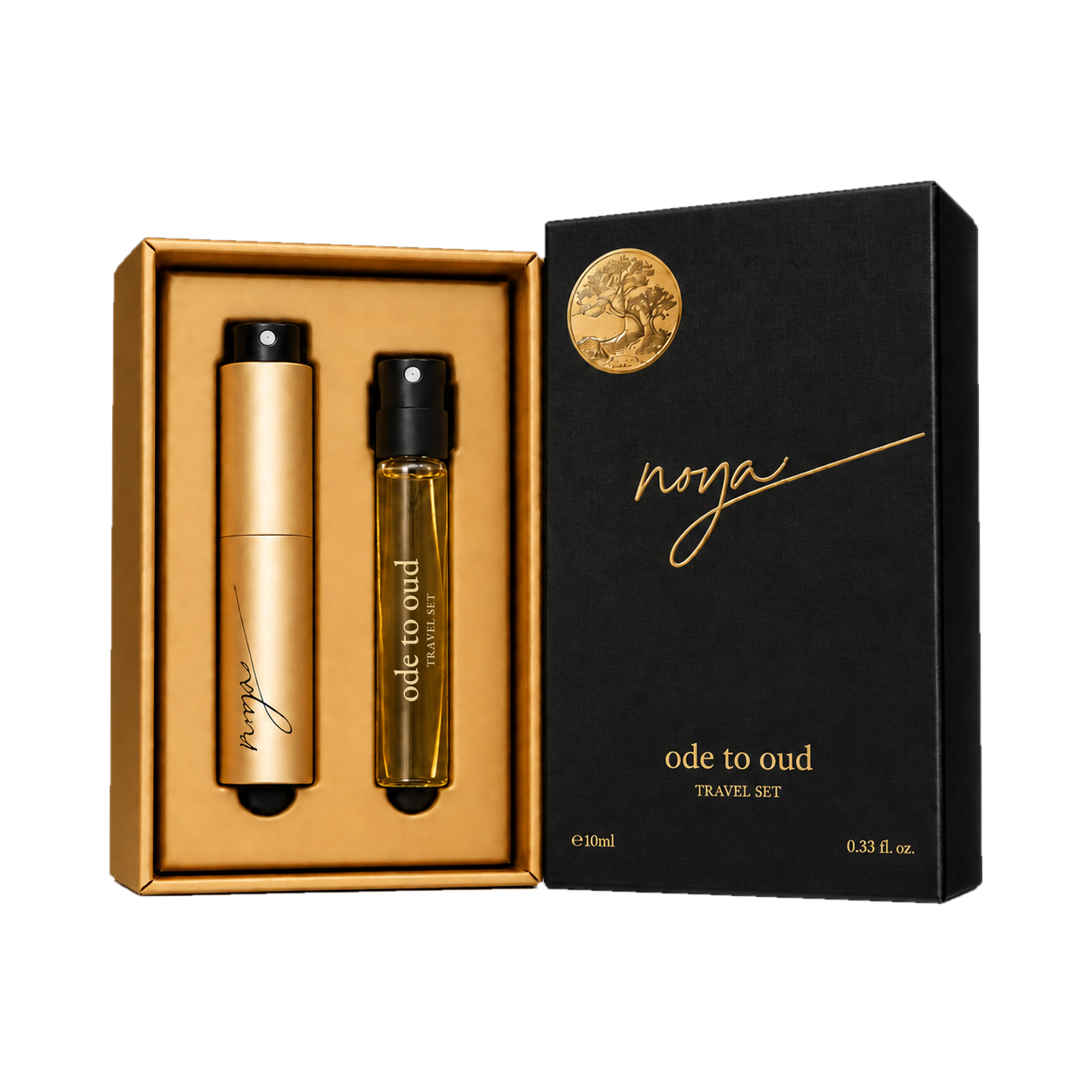 Noya Ode to Oud Travel Set met gouden reisverstuiver, 10 ml parfumflacon en zwarte doos met gouden embleem