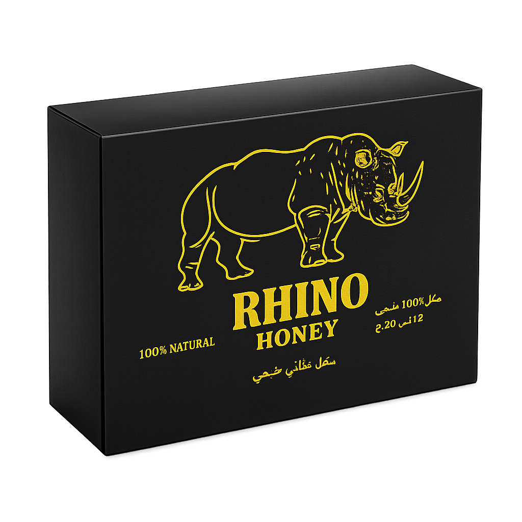 Rhino Kingdom Honey verpakking zonder achtergrond zwarte doos met gouden details