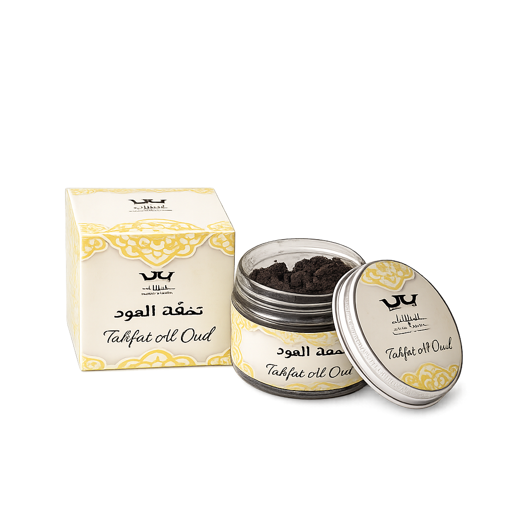Tohfat Al Oud Bakhoor mit Oud-Räucherwerk im Glas und luxuriöser Verpackung ohne Hintergrund