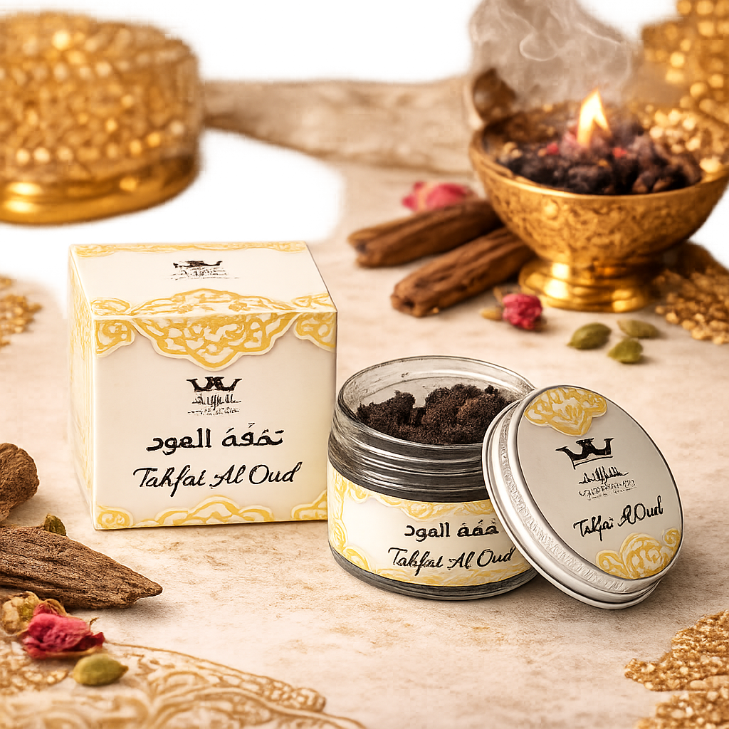 Tohfat Al Oud Bakhoor mit Oud, Rose und Safran im Glas und in der Schachtel, luxuriöses Duftprodukt