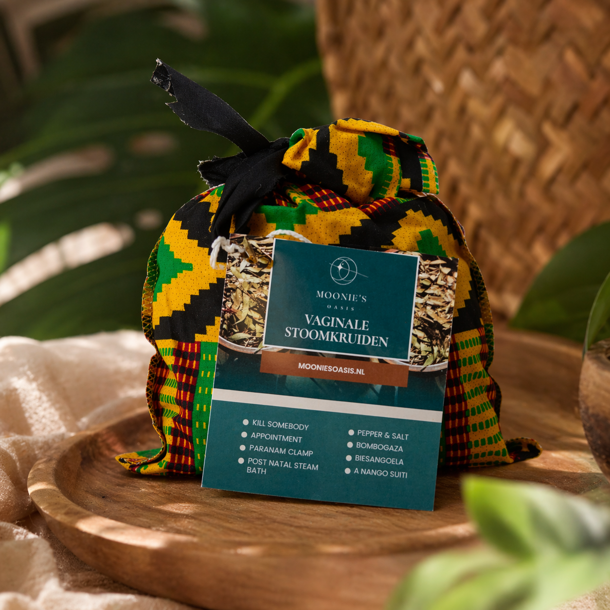 Vaginal steam herbs from Suriname in a traditional herbal pouch from Moonie’s Oasis for women’s wellness and self-care