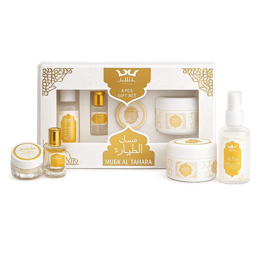 Luxuriöses Geschenkset „White Musk“ mit Parfümöl, Körpercreme, Talkumpuder und Körperspray